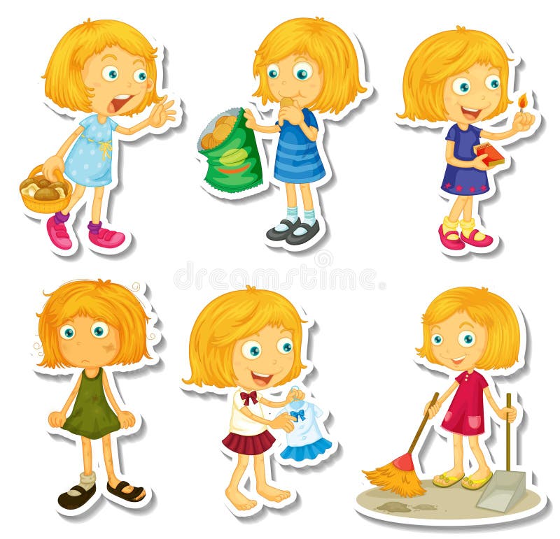 Fille blonde faisant différentes activités illustration de vecteur Fille blonde faisant différentes activités illustration de vecteur