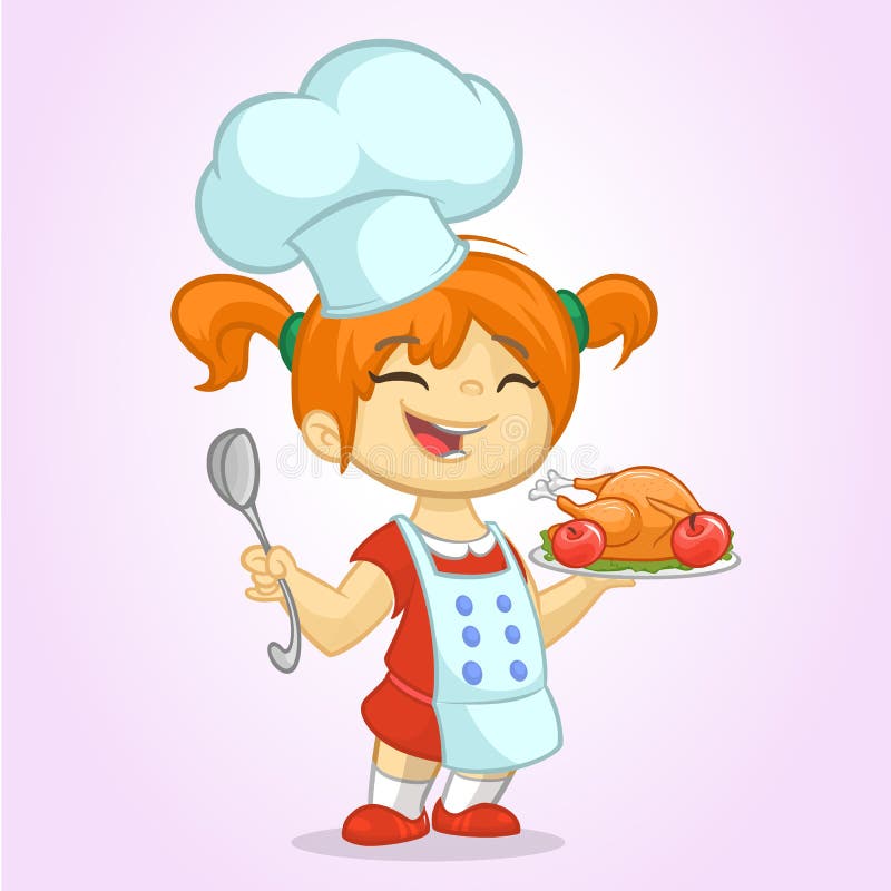 Fille blonde mignonne de bande dessinée petite dans le chapeau du ` s de tablier et de chef illustration de vecteur Fille blonde mignonne de bande dessinée petite dans le chapeau du ` s de tablier et de chef illustration de vecteur