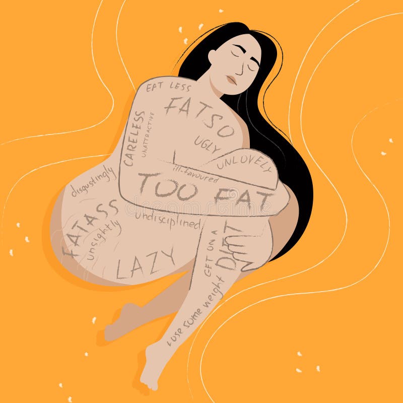 Upset girl with a stigma of rejection of her appearance on her body. Body shaming as a form of discrimination. Pressing social problems which may cause eating disorders and depression. Upset girl with a stigma of rejection of her appearance on her body. Body shaming as a form of discrimination. Pressing social problems which may cause eating disorders and depression.