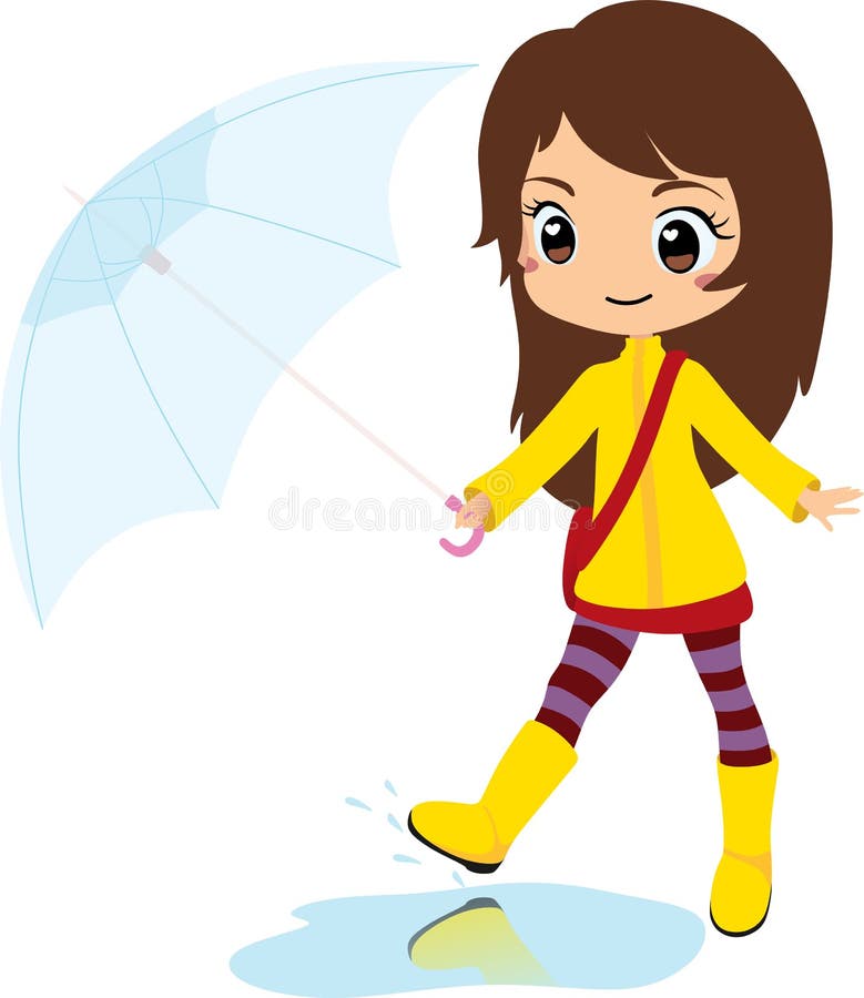 Fille chic sautant sur un magma avec le parapluie un jour pluvieux, femme mignonne de cheveux bruns avec les bottes jaunes illustration de vecteur Fille chic sautant sur un magma avec le parapluie un jour pluvieux, femme mignonne de cheveux bruns avec les bottes jaunes illustration de vecteur