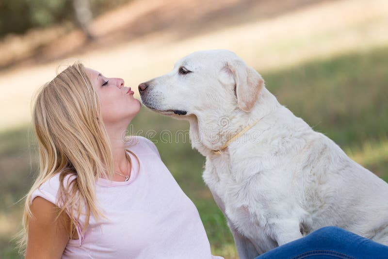 Fille d'adolescent embrassant son chien supérieur très vieux de Labrador en parc images libres de droits Fille d'adolescent embrassant son chien supérieur très vieux de Labrador en parc images libres de droits