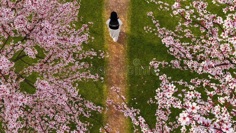Fille d'arbres et de fleurs de Sakura dans la vue de dessus kimono 3d illustration de vecteur