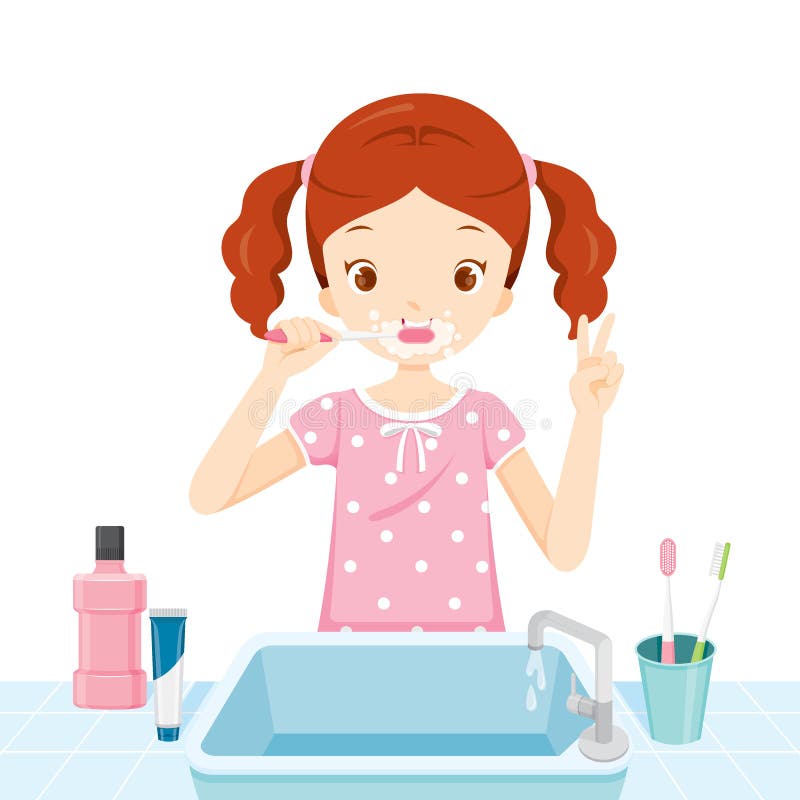 Fille dans des pyjamas se brossant les dents dans la salle de bains illustration de vecteur Fille dans des pyjamas se brossant les dents dans la salle de bains illustration de vecteur