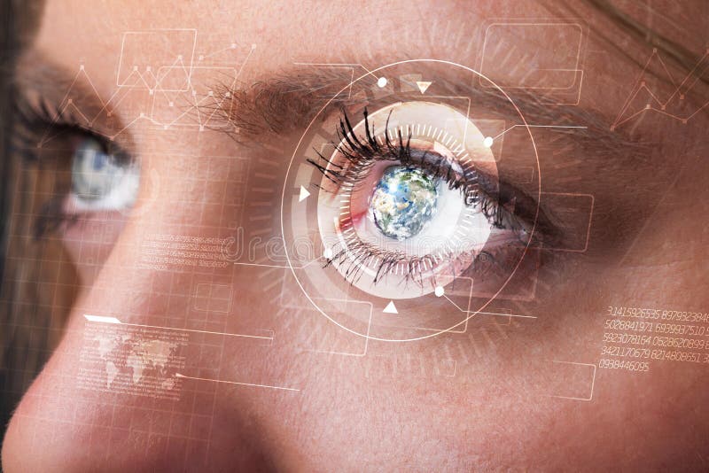 Fille de Cyber avec le regard technolgy d'oeil images libres de droits Fille de Cyber avec le regard technolgy d'oeil images libres de droits
