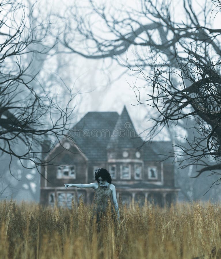 Fille de Ghost avec la scène de maison hantée dans la forêt rampante illustration de vecteur Fille de Ghost avec la scène de maison hantée dans la forêt rampante illustration de vecteur