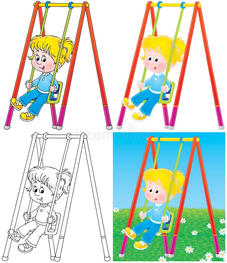 Little girl swings in a playground (4 versions of the illustration). Little girl swings in a playground (4 versions of the illustration)