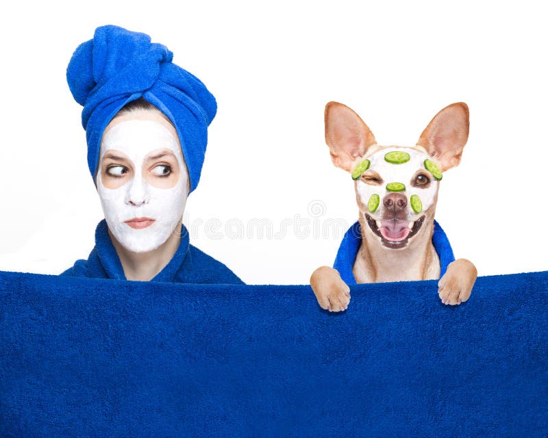 Fille et chien de masque de beauté de bien-être images stock Fille et chien de masque de beauté de bien-être images stock