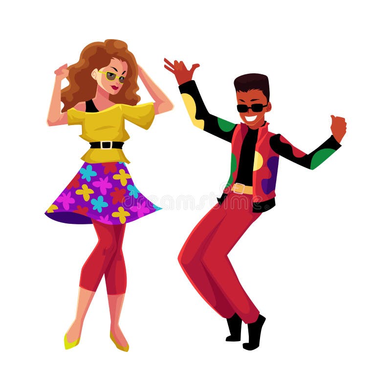 Caucasian girl and black man in 1980s, eighties style clothes dancing disco, cartoon vector illustration isolated on white background. Man and woman in 80s style clothing dancing at retro disco party. Caucasian girl and black man in 1980s, eighties style clothes dancing disco, cartoon vector illustration isolated on white background. Man and woman in 80s style clothing dancing at retro disco party