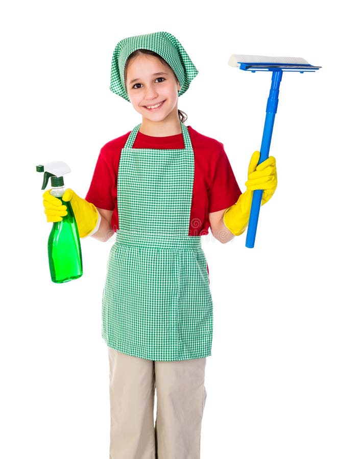 Fille heureuse avec l'équipement de nettoyage image libre de droits Fille heureuse avec l'équipement de nettoyage image libre de droits