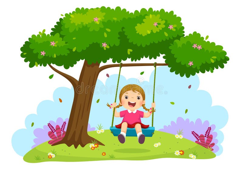 Fille heureuse d'enfant riant et balançant sur une oscillation sous l'arbre