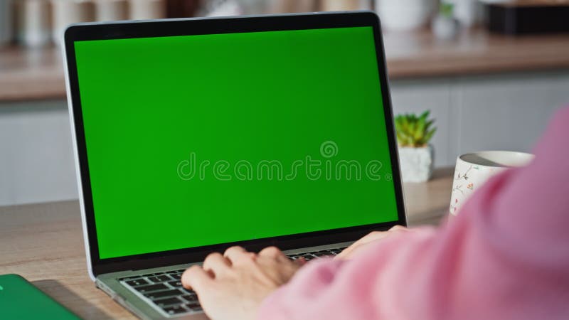 Fille inconnue utilisant la clé chroma ordinateur portable closeup. Une femme mains texter ordinateur pc banque de vidéos