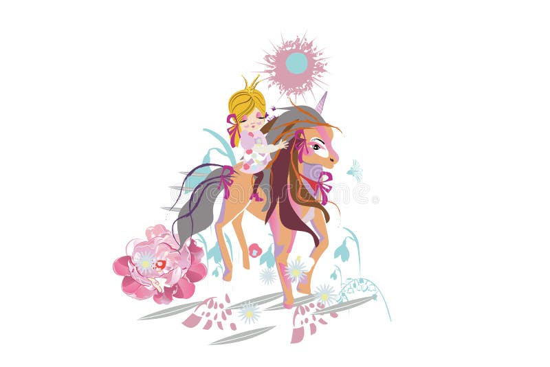 Fille mignonne de bande dessinée petite avec un arc et sa licorne magique d'ami illustration stock Fille mignonne de bande dessinée petite avec un arc et sa licorne magique d'ami illustration stock