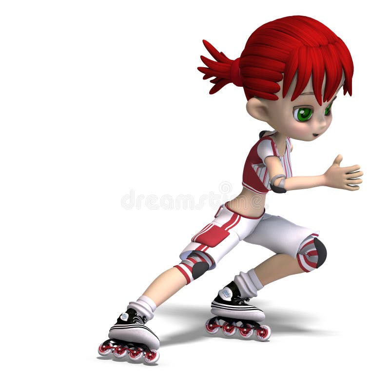 Cute cartoon girl with inline skates. 3D rendering with clipping path and shadow over white. Cute cartoon girl with inline skates. 3D rendering with clipping path and shadow over white