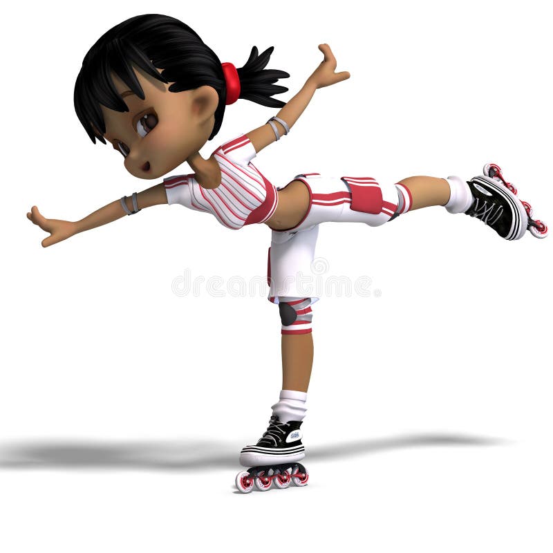 Cute cartoon girl with inline skates. 3D rendering with clipping path and shadow over white. Cute cartoon girl with inline skates. 3D rendering with clipping path and shadow over white