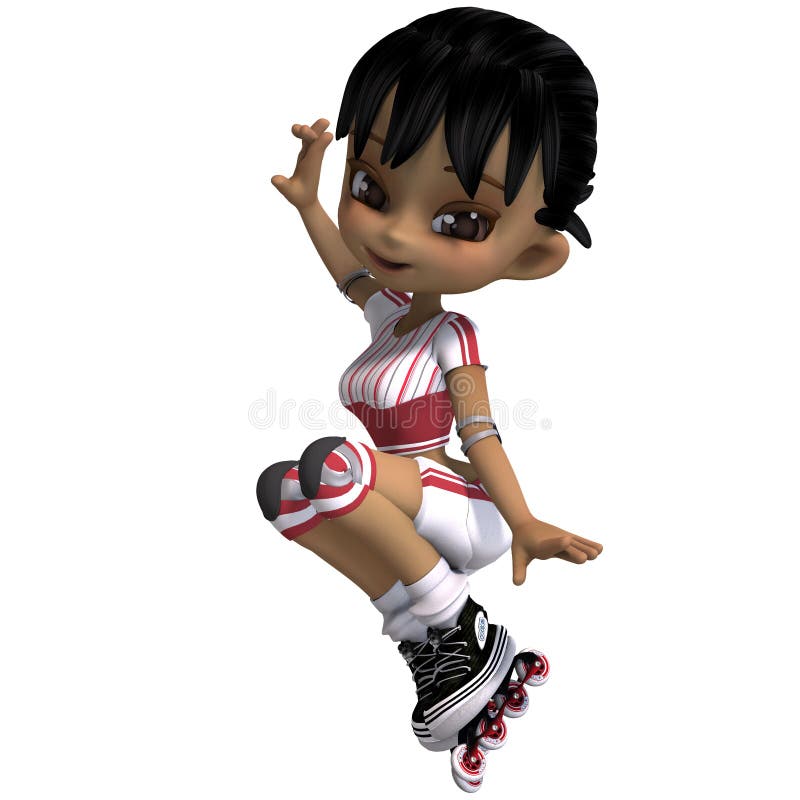 Cute cartoon girl with inline skates. 3D rendering with clipping path and shadow over white. Cute cartoon girl with inline skates. 3D rendering with clipping path and shadow over white