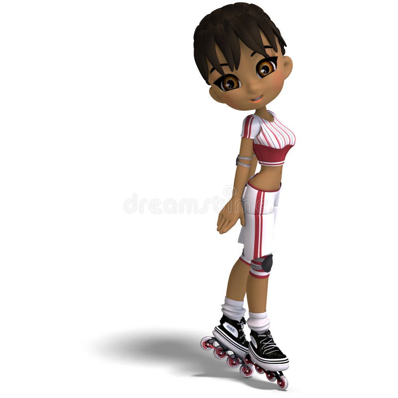 Cute cartoon girl with inline skates. 3D rendering with clipping path and shadow over white. Cute cartoon girl with inline skates. 3D rendering with clipping path and shadow over white