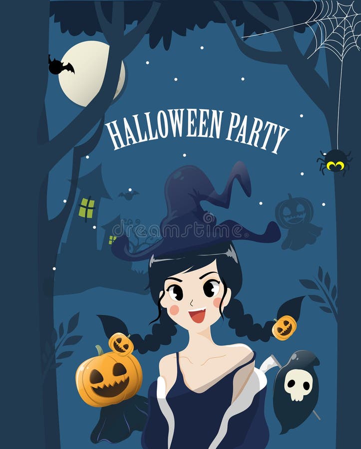 Fille mignonne de sorcière dans la nuit de Halloween illustration de vecteur Fille mignonne de sorcière dans la nuit de Halloween illustration de vecteur