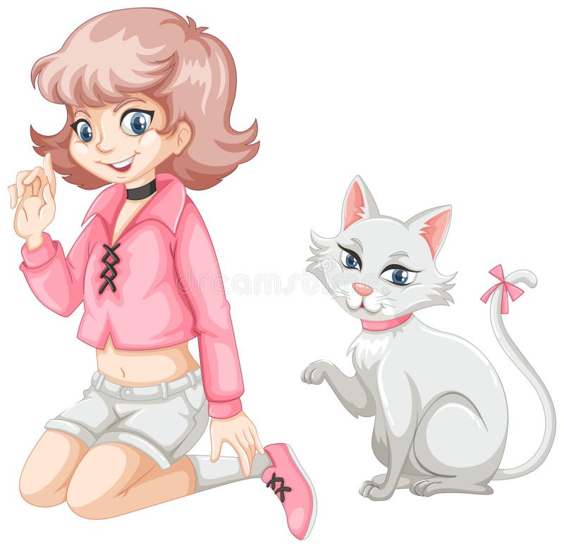 Fille mignonne et chat blanc illustration de vecteur Fille mignonne et chat blanc illustration de vecteur