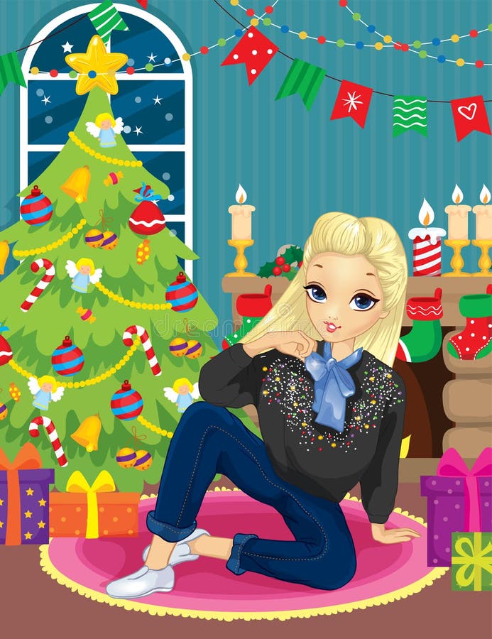 Fille près d'arbre de cheminée et de Noël illustration de vecteur Fille près d'arbre de cheminée et de Noël illustration de vecteur