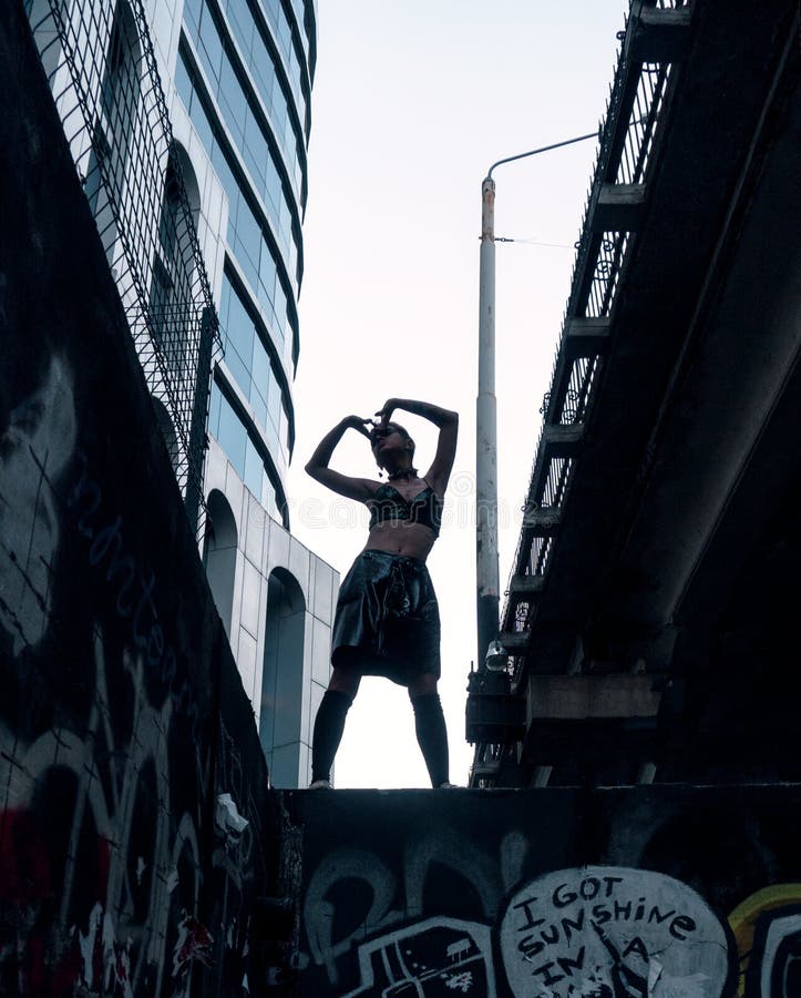 Fille punk de rue à urbain Séjour de fille sur le mur peint avec le graffiti sous le pont images libres de droits Fille punk de rue à urbain Séjour de fille sur le mur peint avec le graffiti sous le pont images libres de droits