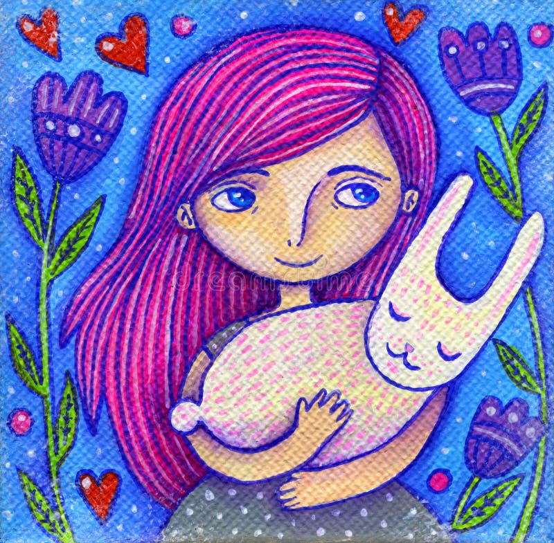 Fille rose de cheveux avec le lapin illustration stock Fille rose de cheveux avec le lapin illustration stock