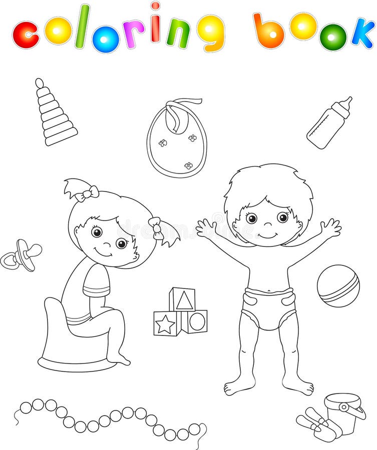 Fille s'asseyant sur le pot et le garçon de chambre se tenant dans la couche-culotte Jouets illustration stock Fille s'asseyant sur le pot et le garçon de chambre se tenant dans la couche-culotte Jouets illustration stock