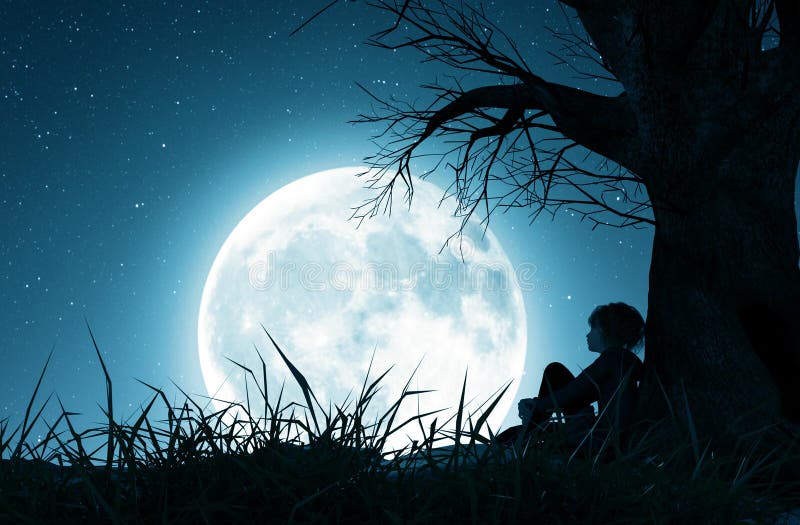Fille seule seul s'asseyant sous l'arbre et regardant à la lune illustration stock Fille seule seul s'asseyant sous l'arbre et regardant à la lune illustration stock