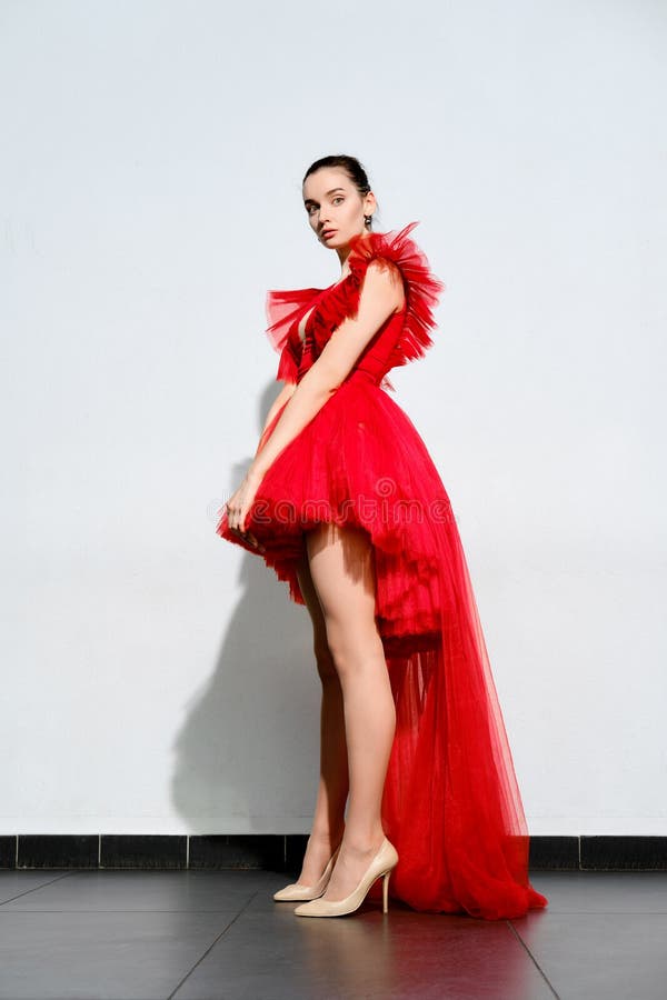 Fille La Robe Rouge Courte De Tulle Avec Une Longue Queue Photo