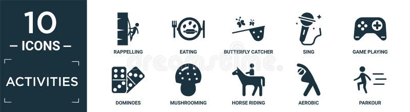 filled activities icon set. contain flat rappelling, eating, butterfly catcher, sing, game playing, dominoes, mushrooming, horse