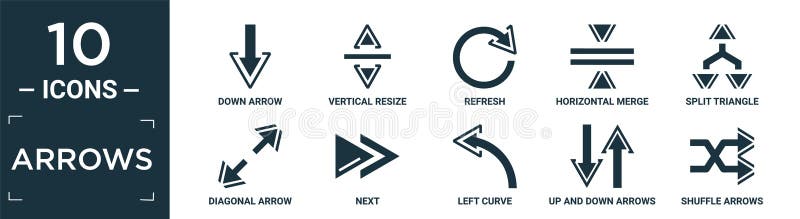 Filled arrows icon set. contain flat down arrow, vertical resize, refresh, horizontal merge, split triangle, diagonal arrow, next royalty free illustration
