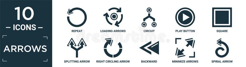 Filled arrows icon set. contain flat repeat, loading arrows, circuit, play button, square, splitting arrow, right circling arrow stock illustration