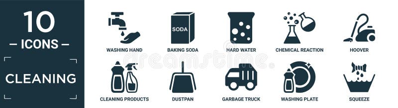 filled cleaning icon set. contain flat washing hand, baking soda, hard water, chemical reaction, hoover, cleaning products