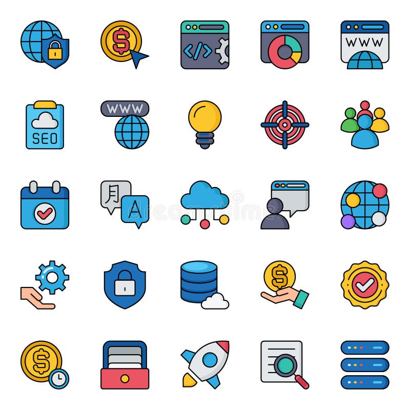 Filled color outline icons for search engine optimization. stock illustration
