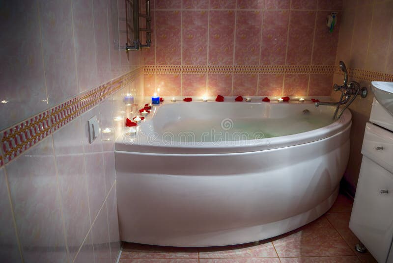Filled with Foam Bath, Rose Petals and Candles Stock Image Image of