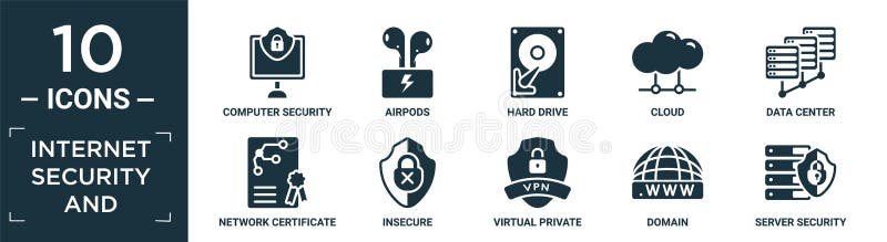Filled internet security and icon set. contain flat computer security, airpods, hard drive, cloud, data center, network vector illustration