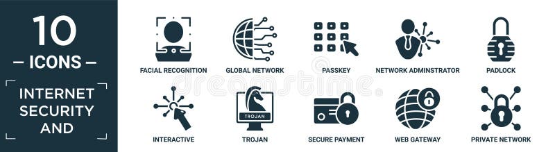 Filled internet security and icon set. contain flat facial recognition, global network, passkey, network adminstrator, padlock vector illustration