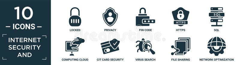 Filled internet security and icon set. contain flat locked, privacy, pin code, https, sql, computing cloud, cit card security vector illustration