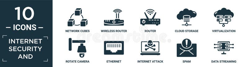 Filled internet security and icon set. contain flat network cubes, wireless router, router, cloud storage, virtualization, rotate royalty free illustration