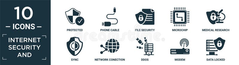 Filled internet security and icon set. contain flat protected, phone cable, file security, microchip, medical research, sync vector illustration