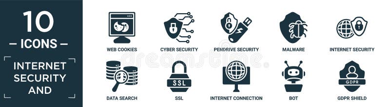 Filled internet security and icon set. contain flat web cookies, cyber security, pendrive security, malware, internet security stock illustration