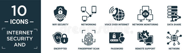 Filled internet security and icon set. contain flat wifi security, networking, voice over internet protocol, network monitoring stock illustration