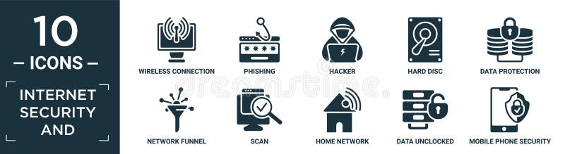 Filled internet security and icon set. contain flat wireless connection, phishing, hacker, hard disc, data protection, network royalty free illustration