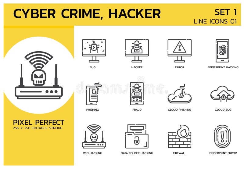 Filled Line Icons Style. Hacker Cyber crime attack for web design, ui, ux, mobile web, ads, magazine, book, poster vector illustration