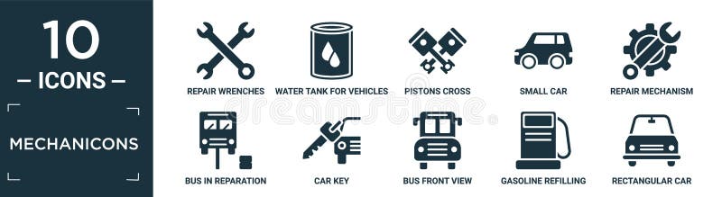 filled mechanicons icon set. contain flat repair wrenches, water tank for vehicles, pistons cross, small car, repair mechanism, bus in reparation, car key, bus front view, gasoline refilling