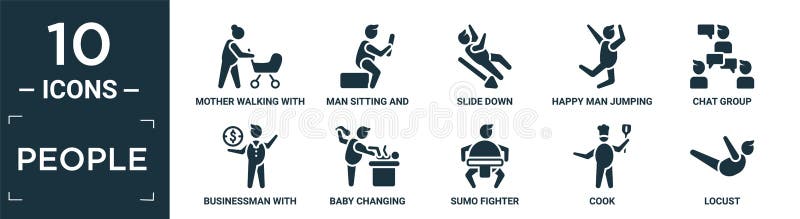 filled people icon set. contain flat mother walking with baby stroller, man sitting and reading book, slide down, happy man