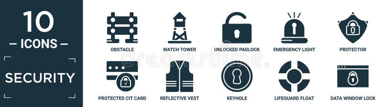 filled security icon set. contain flat obstacle, watch tower, unlocked padlock, emergency light, protector, protected cit card