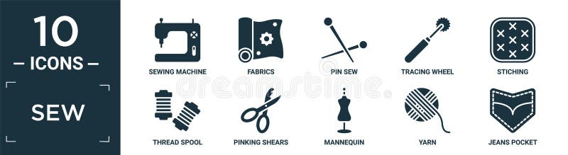 filled sew icon set. contain flat sewing machine, fabrics, pin sew, tracing wheel, stiching, thread spool, pinking shears