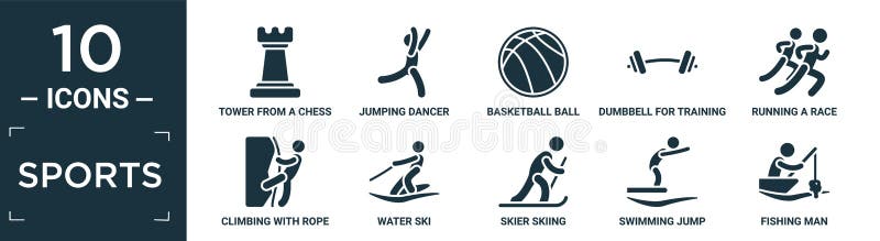 filled sports icon set. contain flat tower from a chess set, jumping dancer, basketball ball with line, dumbbell for training royalty free illustration