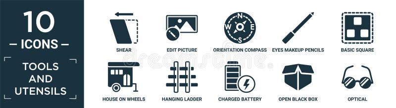 Filled tools and utensils icon set. contain flat shear, edit picture, orientation compass, eyes makeup pencils, basic square vector illustration