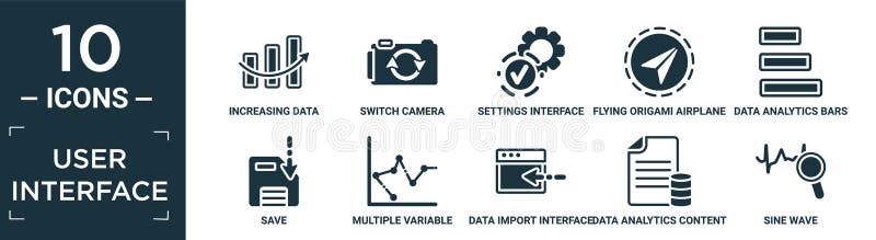 Filled user interface icon set. contain flat increasing data, switch camera, settings interface, flying origami airplane, data analytics bars, save, multiple variable bars data, import interface. Application sine vectors